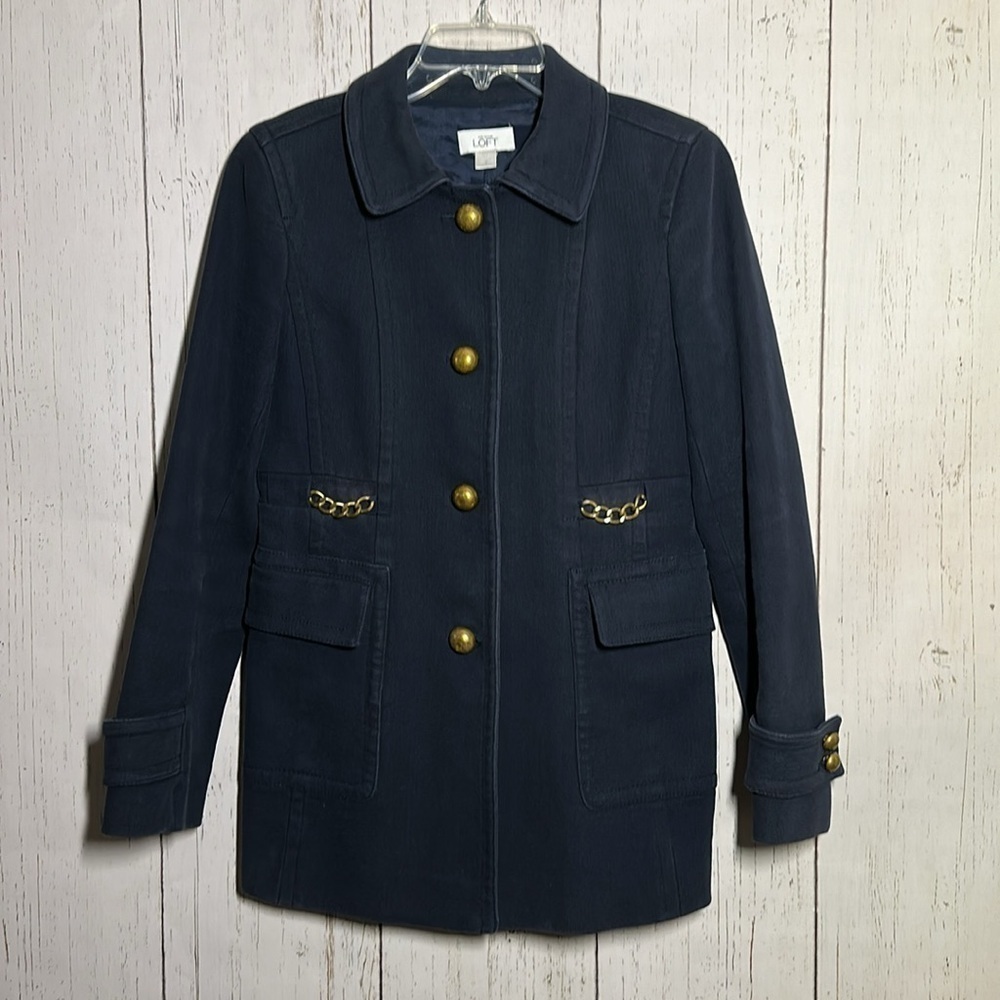 Ann Taylor Loft 100% Cotton Navy Twill Officer Military Pea Coat Jacket Size 2